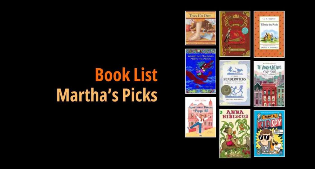 Black background with a book cover collage and text reading book list: Martha's Picks