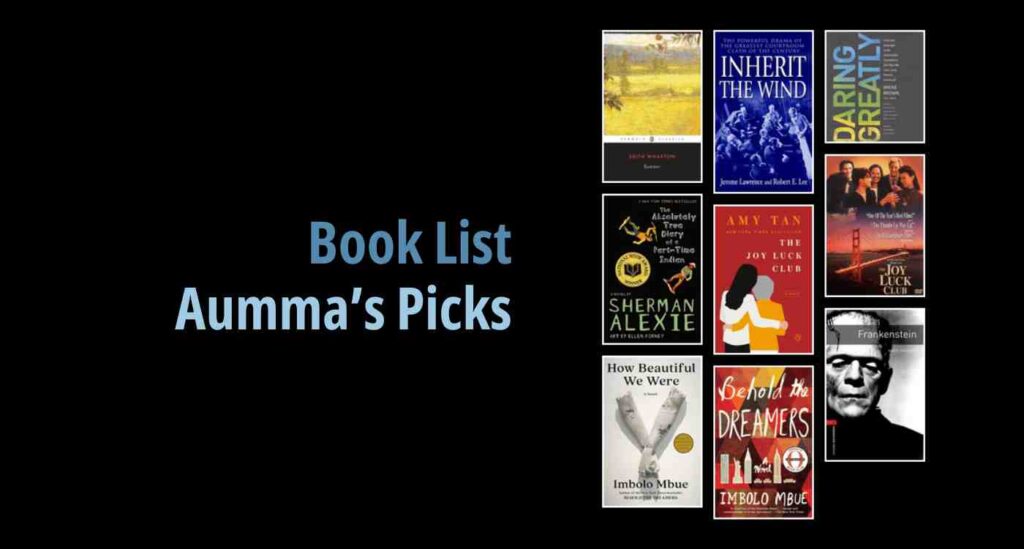 Black background with a book cover collage and text reading book list: aumma's picks