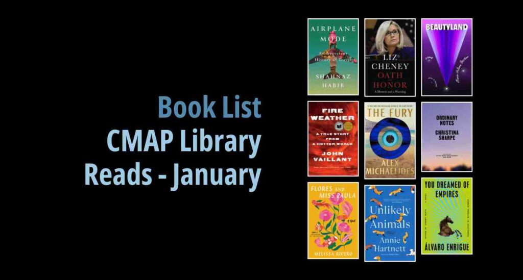 Black background with a book cover collage and text reading book list: CMAP Library Reads - January
