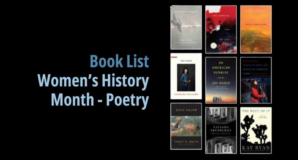 A slide showing nine book covers and featuring the description "Book List Women's History Month - Poetry"