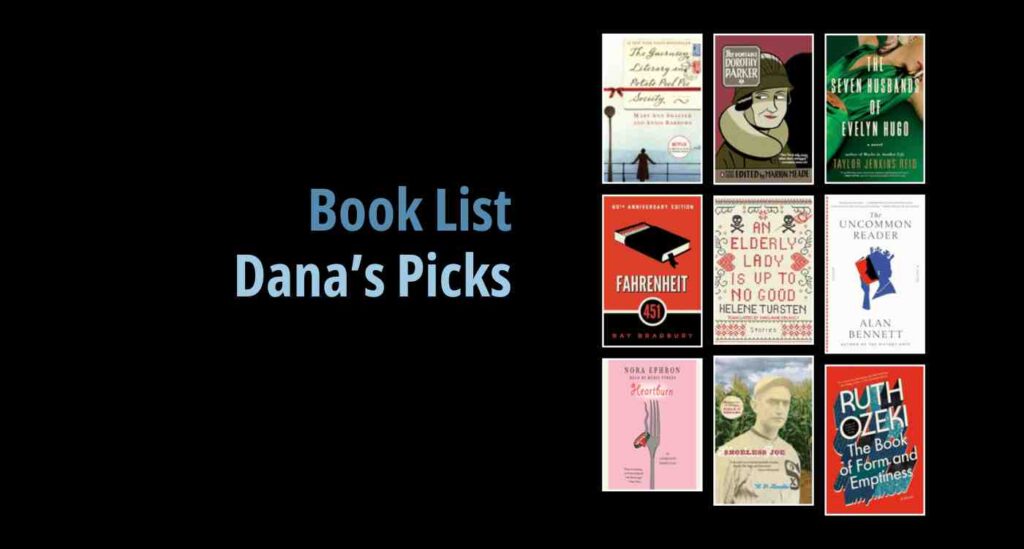 Black background with a book cover collage and text reading book list: Dana's Picks