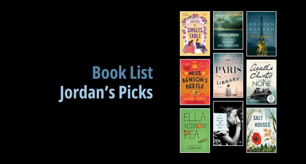 Black background with a book cover collage and text reading book list: Jordan's Picks