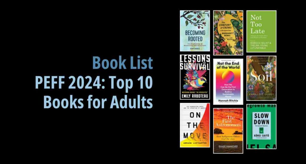 Black background with a book cover collage and text reading book list PEFF 2024: Top 10 Books for Adults