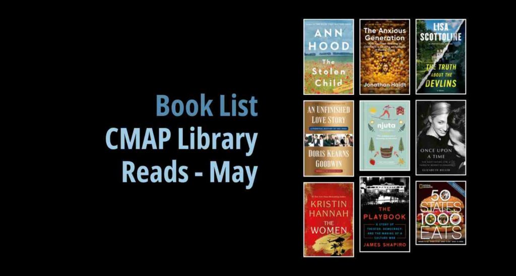 Black background with a book cover collage and text reading Book List: CMAP Library Reads - May