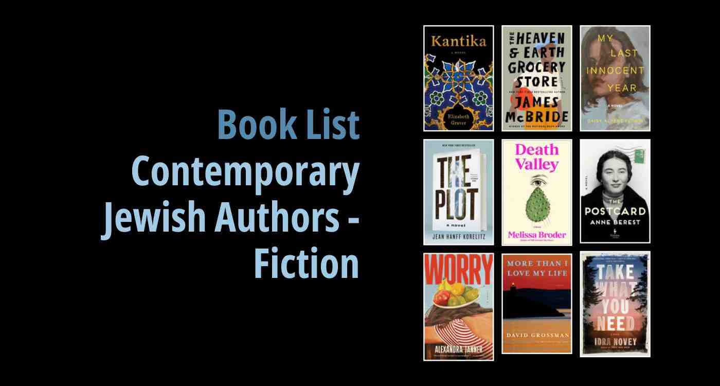 Black background with a book cover collage and text reading Book List: Contemporary Jewish Authors - Fiction