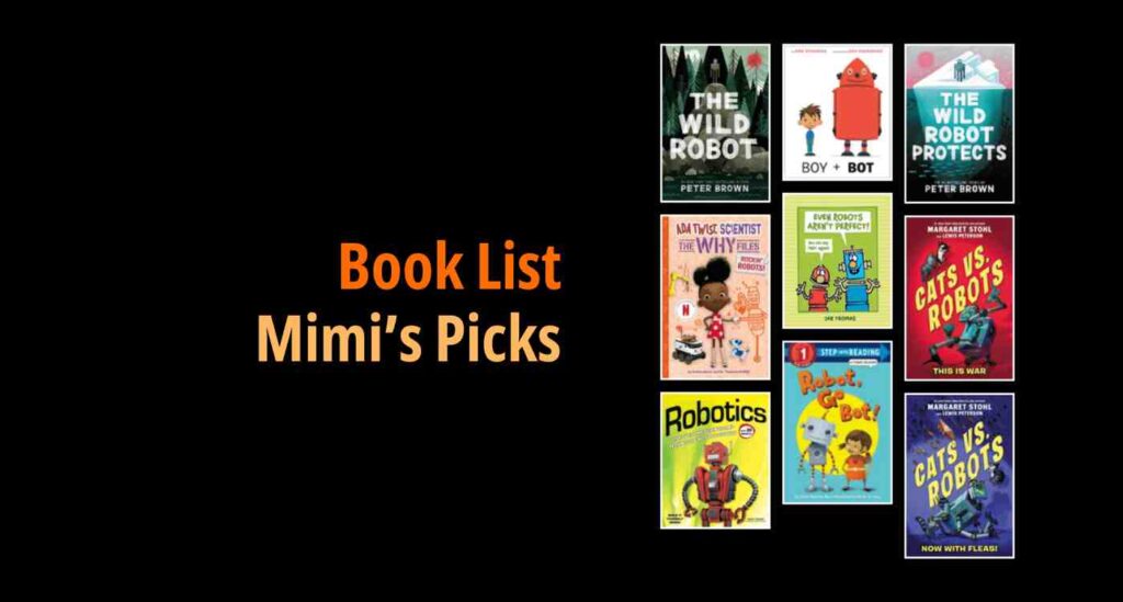 Black background with a book cover collage and text reading Book List: Mimi's Picks