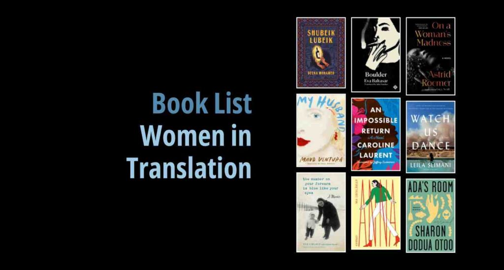 Black background with a book cover collage and text reading Book List: Women in Translation