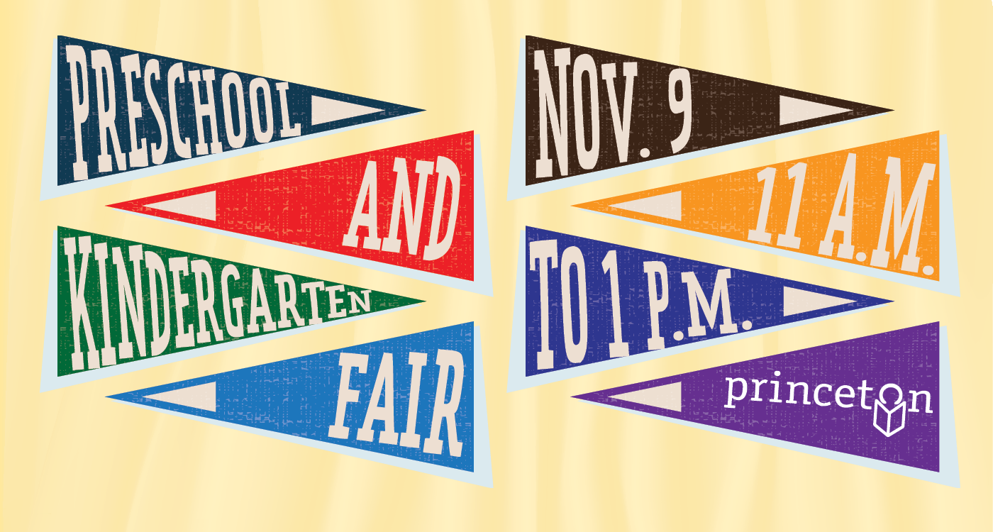 Wall of pennants with preschool and Kindergarten Fair Nov. 9 11 a.m. to 1 p.m.