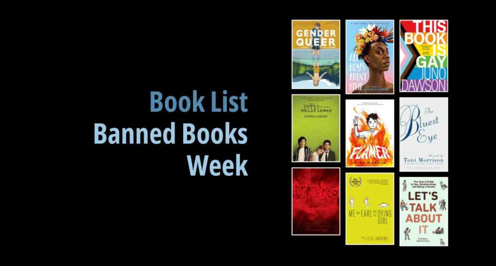 Black background with a book cover collage and text reading Book List: Banned Books Week