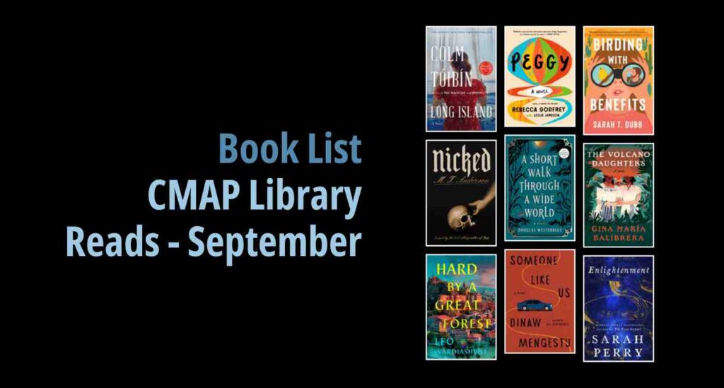 Black background with a book cover collage and text reading Book List: CMAP Library Reads September