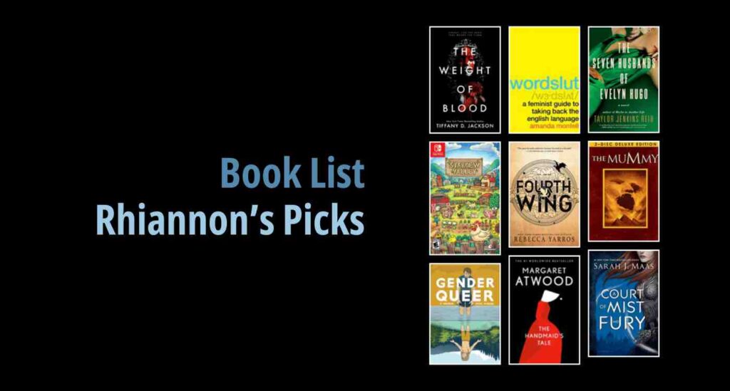 Black background with a book cover collage and text reading Book List: Rhiannon's Picks