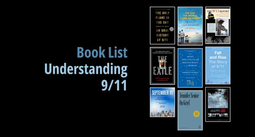 Black background with a book cover collage and text reading Book List: Understanding 9/11