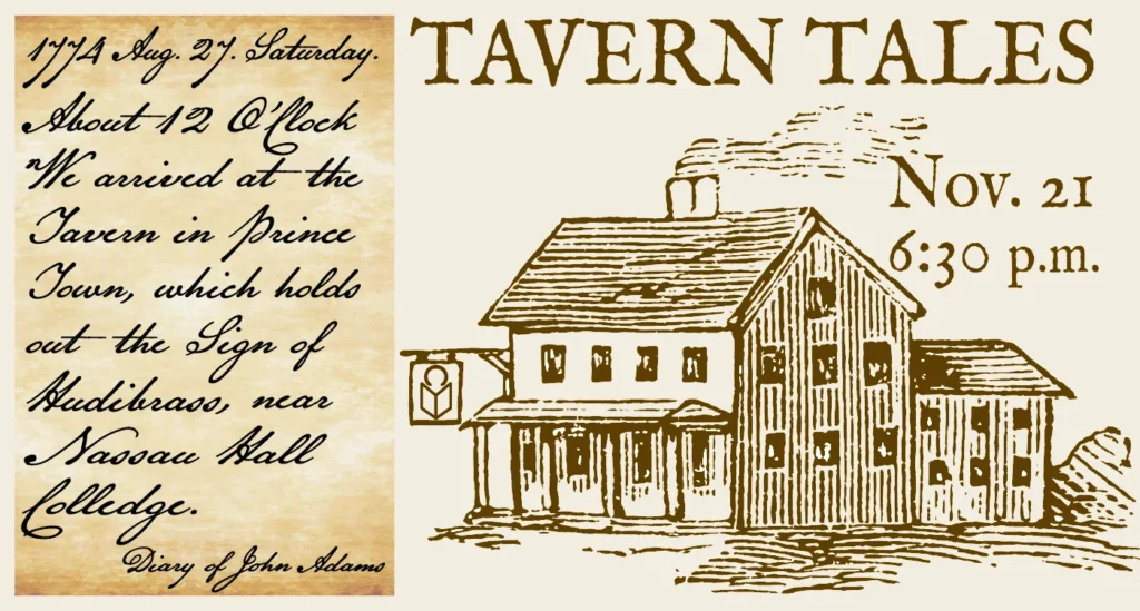 drawing of Colonia tavern with quote from John Adams. tavern tales in Nov. 21 at 6:30 p.m.