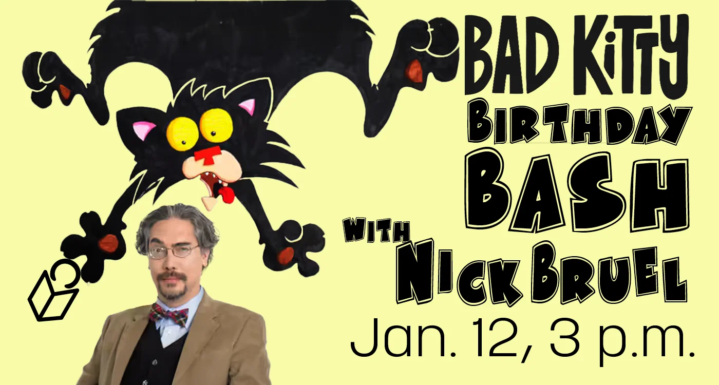 picture of Nick Bruel with bad kitty. birthday bash is jan. 12, 3 p.m.