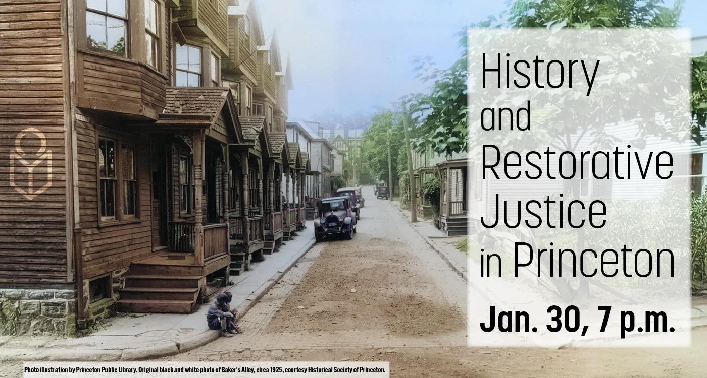 Colorized photo of Baker's Alley with two young men sitting on the curb. History and Princeton Justice is Jan. 30 at 7 p.m.