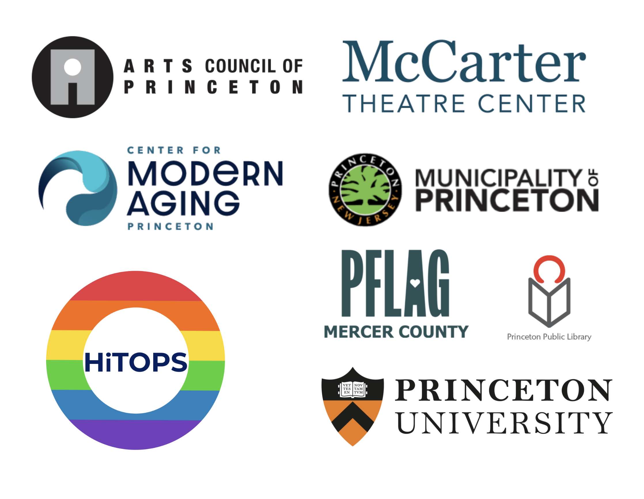 Logos for HiTops, Princeton Public Library, Princeton University, Arts Council of Princeton, Municipality of Princeton, McCarter Theatre, and the Center for Modern Aging Princeton, and FLAG Mercer County