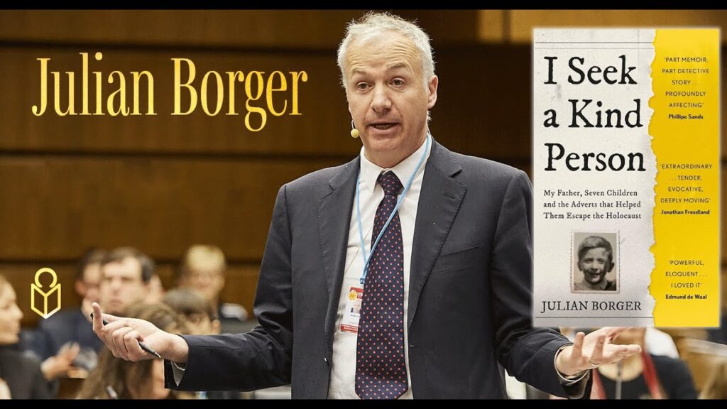 Graphic for event featuring Julian Borger, author of "I Seek a Kind Person: My Father, Seven Children, and the Adverts that Helped Them Escape the Holocaust."