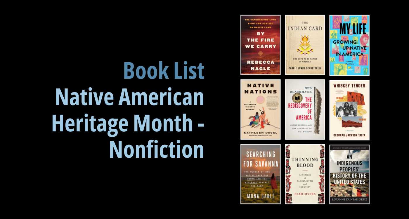 Black background with a book cover collage and text reading book list: Native American Heritage Month - Nonfiction