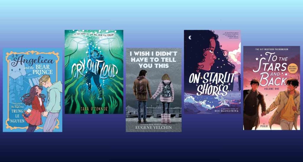 Light blue to dark blue ombre background with a book cover collage