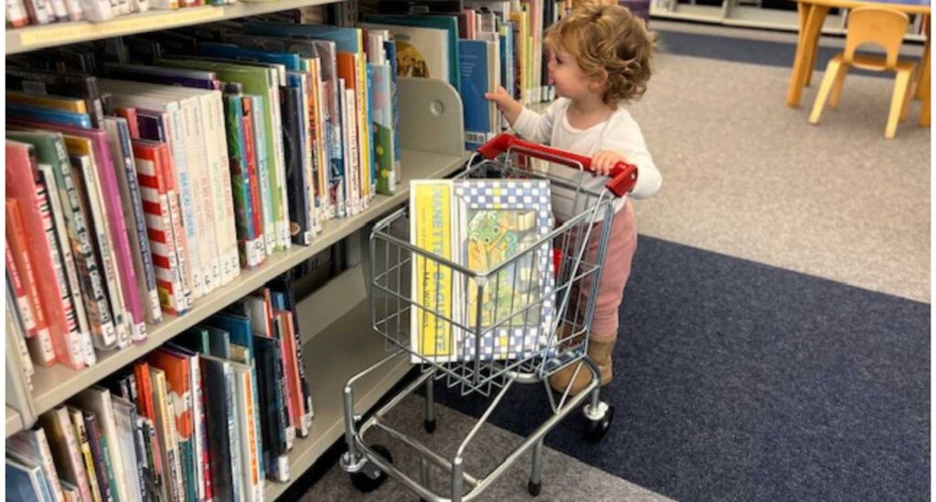Young child with books in toy shopping cart