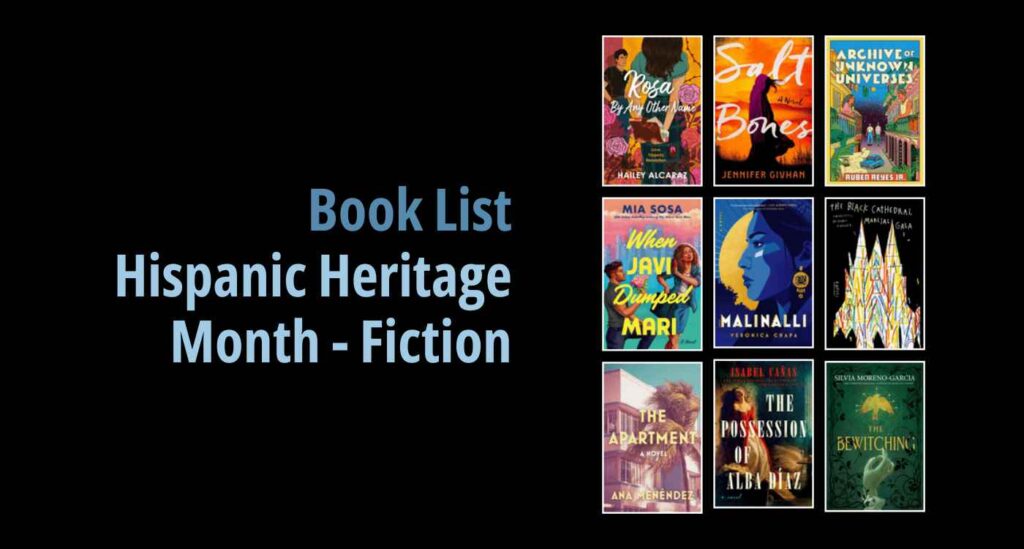 Black background with a book cover collage and text reading Book List: Hispanic Heritage Month Fiction