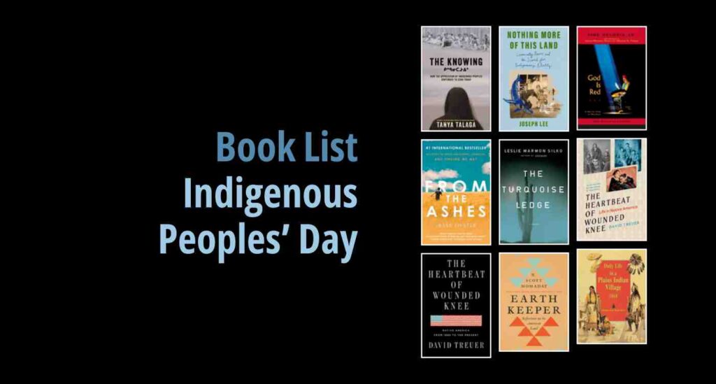 Black background with a book cover collage and text reading Book List: Indigenous Peoples' Day