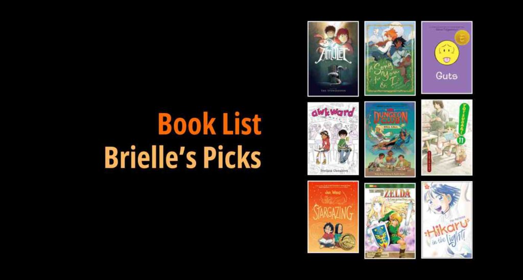 Black background with a book cover collage and text reading Book List: Brielle's Picks