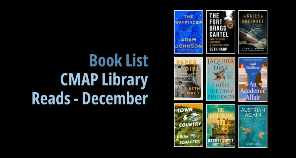 Black background with a book cover collage and text reading book list: CMAP Library Reads - December