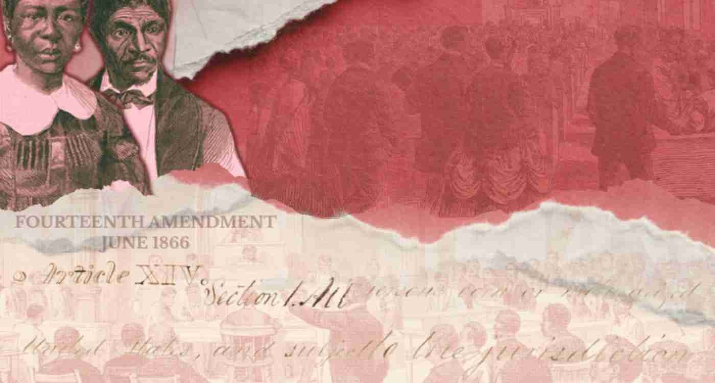 Sticker showing the Scotts and the text of the 14th amendment against a background of the conventions