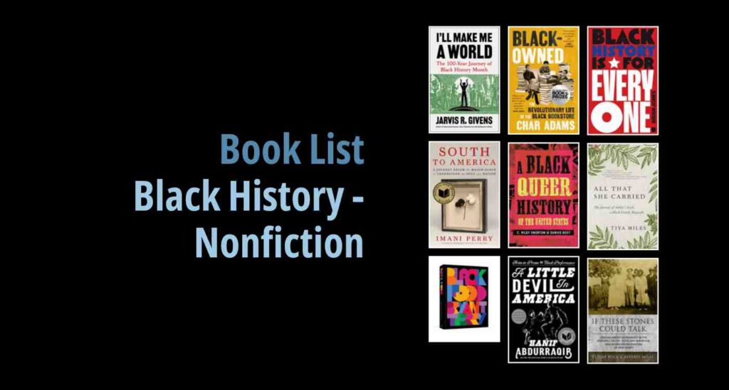 Black background with a book cover collage and text reading book list: Black History - Nonfiction