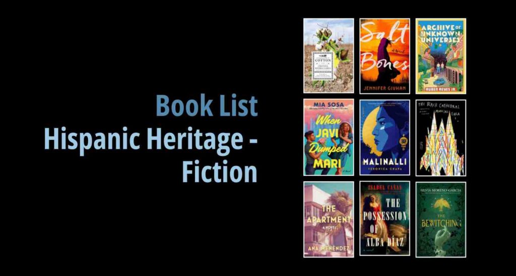 Black background with a book cover collage and text reading book list: Hispanic Heritage - Fiction