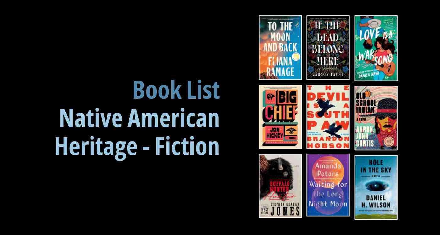 Black background with a book cover collage and text reading book list: Native American Heritage - Fiction