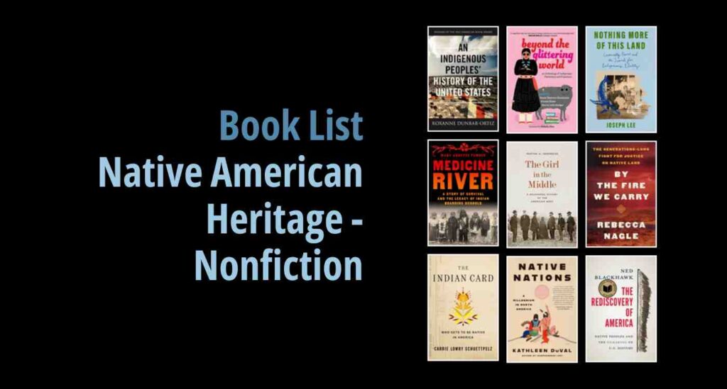 Black background with a book cover collage and text reading book list: Native American Heritage - Nonfiction