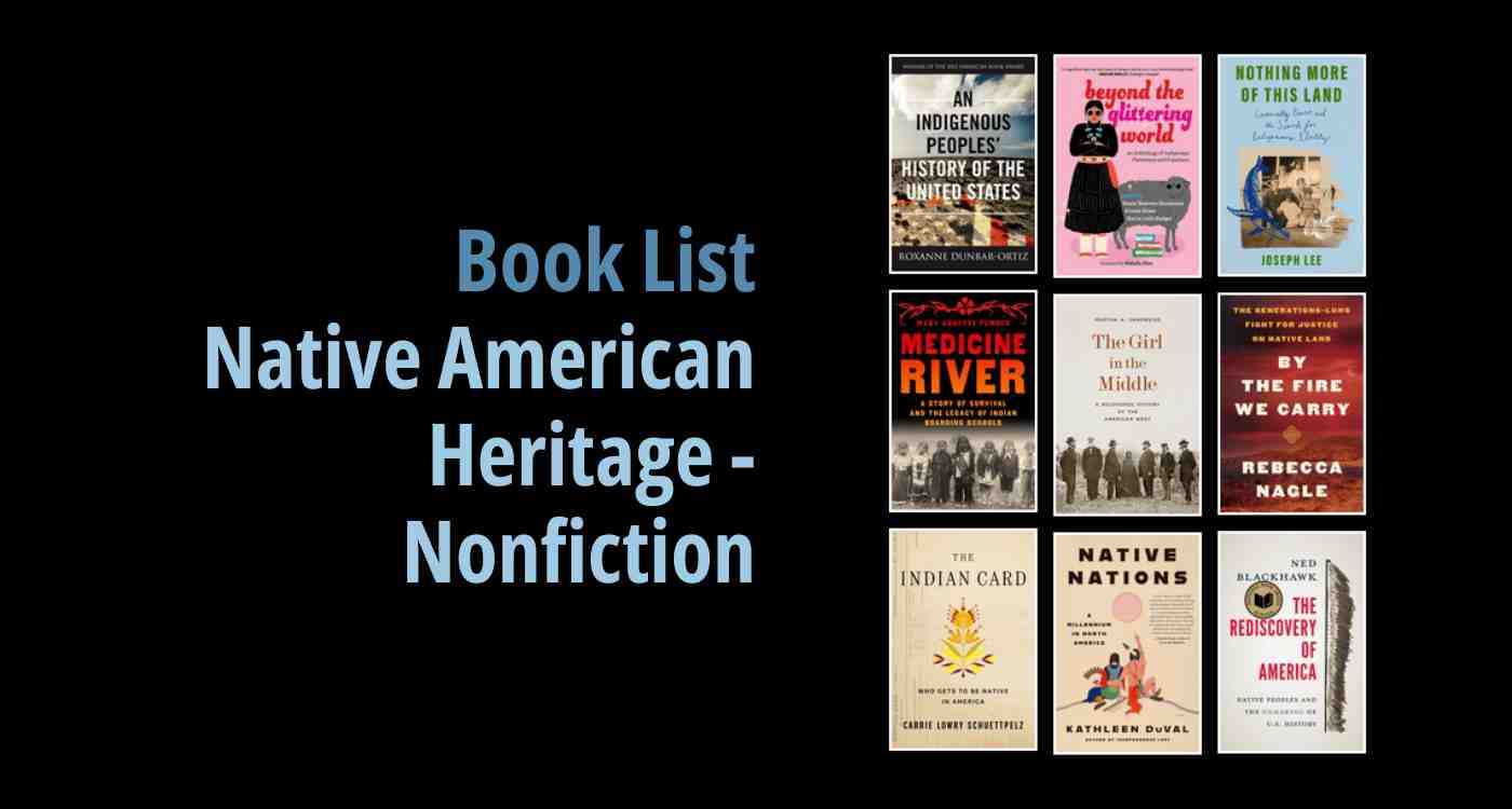 Black background with a book cover collage and text reading book list: Native American Heritage - Nonfiction