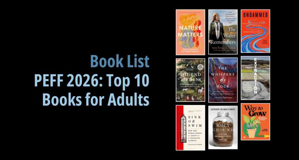 Black background with a book cover collage and text reading book list: PEFF 2026: Top 10 Books for Adults