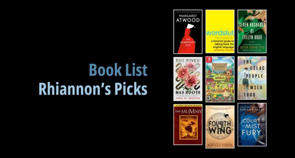 Black background with a book cover collage and text reading book list: Rhiannon's Picks