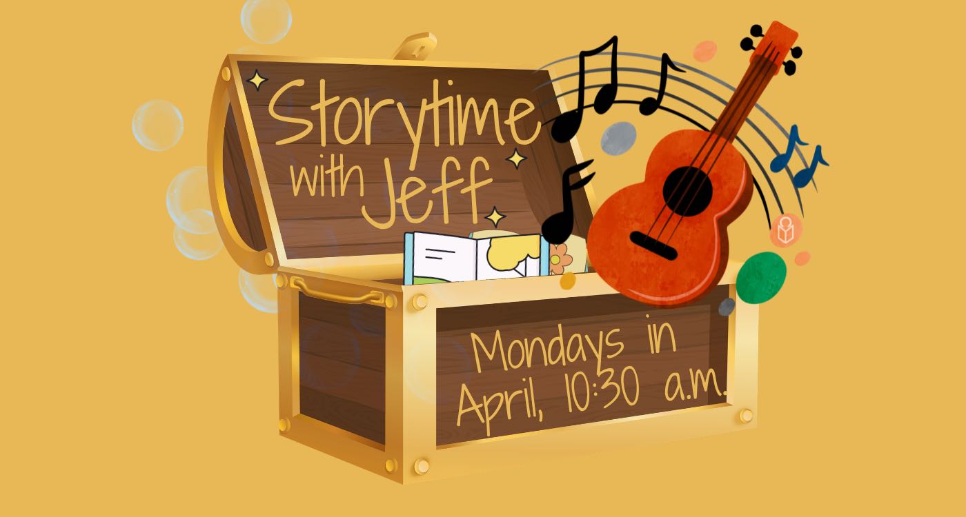 Graphic of a guitar coming out of a treasure chest for event Storytime with Jeff.