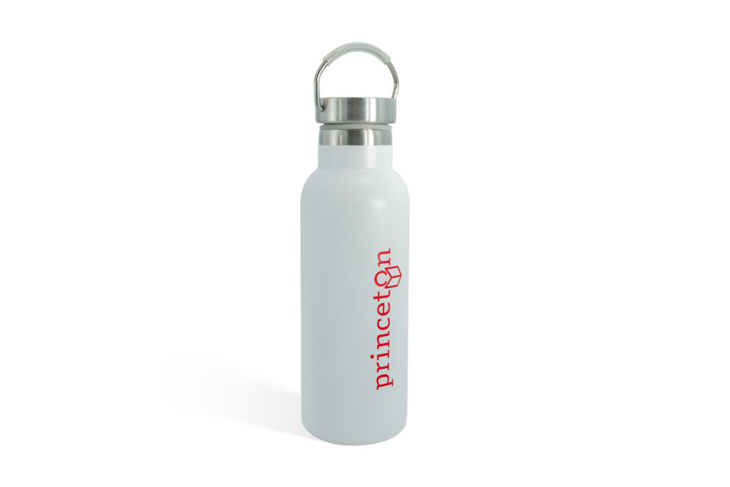 insulated white metal water bottle with the Princeton Public Library logo.