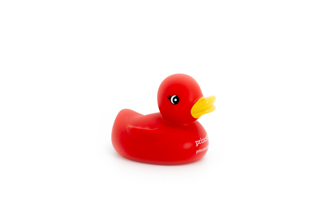 red rubber duck featuring Princeton Public Library logo and website on front