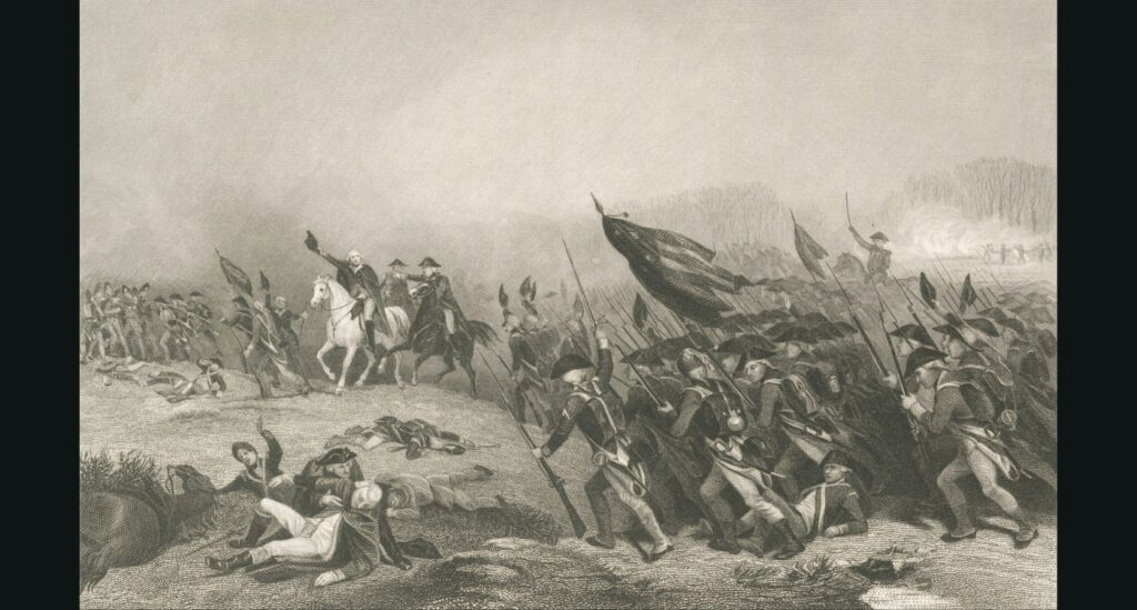 Soldiers in battle with flags and horses at the Battle of Princeton