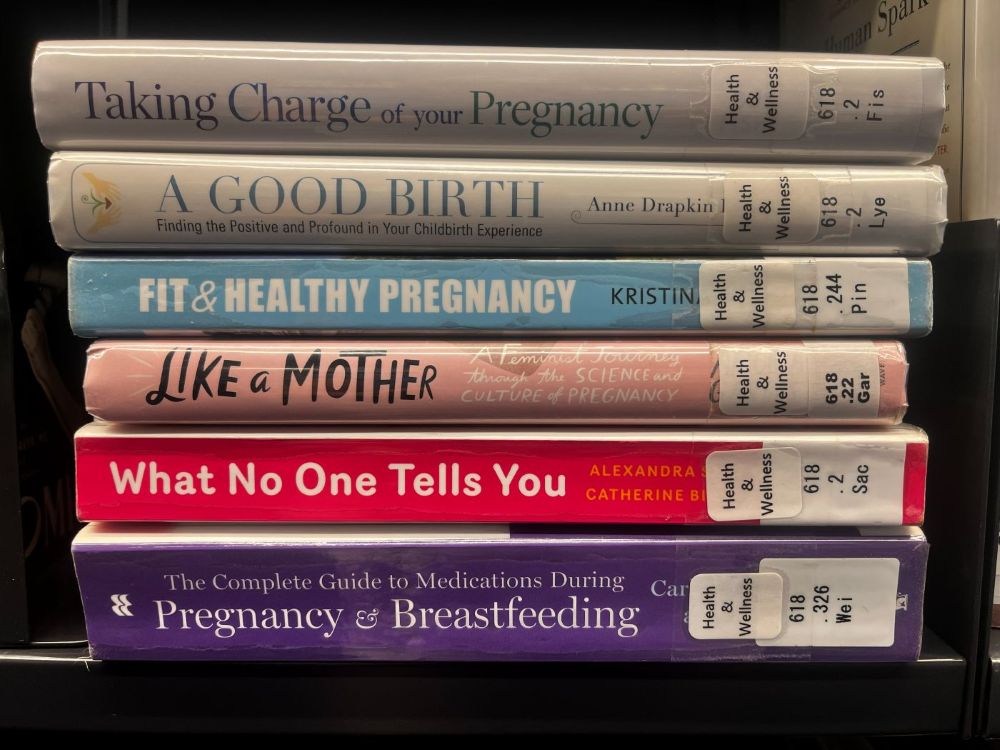 Pregnancy books from Princeton Public Library, from top to bottom: "Taking Charge of your Pregnancy", "A Good Birth", "Fit & Healthy Pregnancy", "Like a Mother", "What No One Tells You", and "The Complete Guide to Medications during Pregnancy & Breastfeeding".