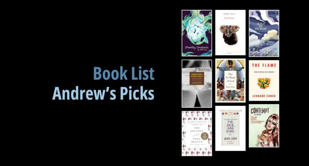 Black background with a book cover collage and text reading book list: Andrew's Picks