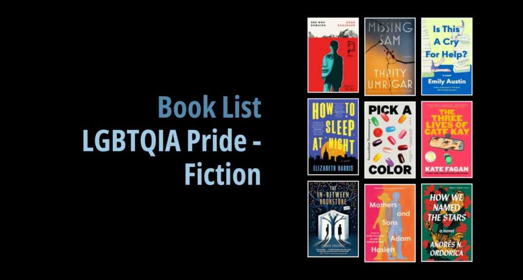 Black background with a book cover collage and text reading book list: LGBTQIA Pride Fiction