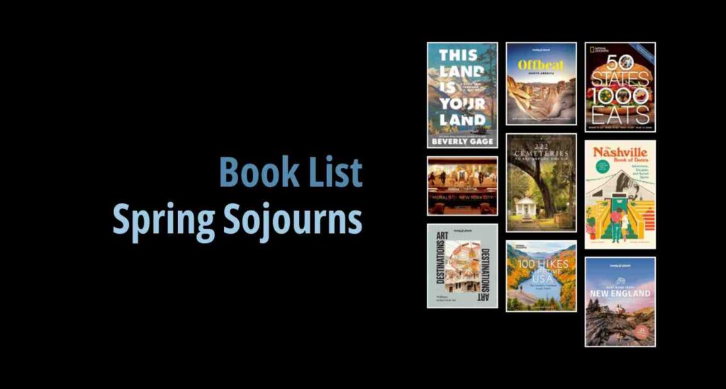 Black background with a book cover collage and text reading book list: spring sojourns