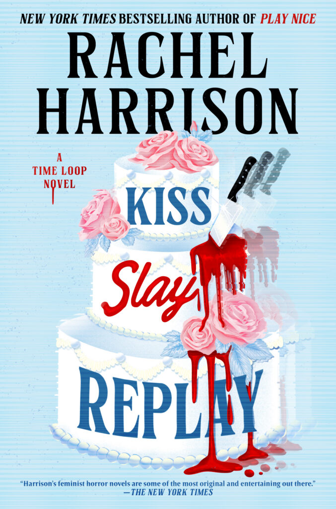 The book cover has a light blue background on which sits a three teared wedding cake with pink roses and a knife stabbing the middle tear, blood drips down the cake from the knifes position.