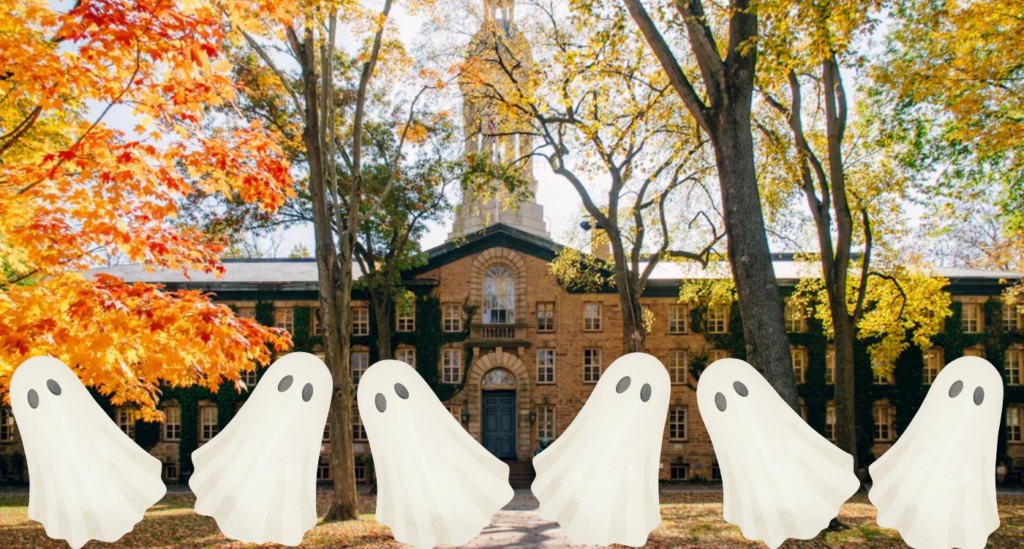 photo of Princeton University's Nassau Hall in the fall with 6 clip art ghosts dancing across the bottom