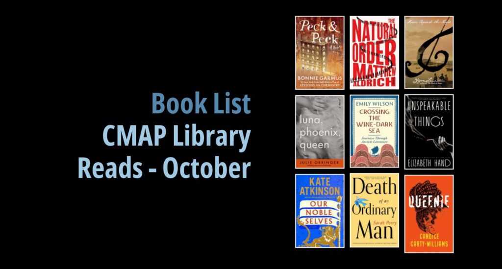 Black background with a book cover collage and text reading book list: CMAP Library Reads: October